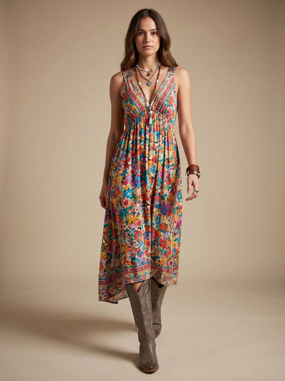 Marie | Dames boho maxi-jurk met v-hals, vintage bloemendessin en 3/4-mouw