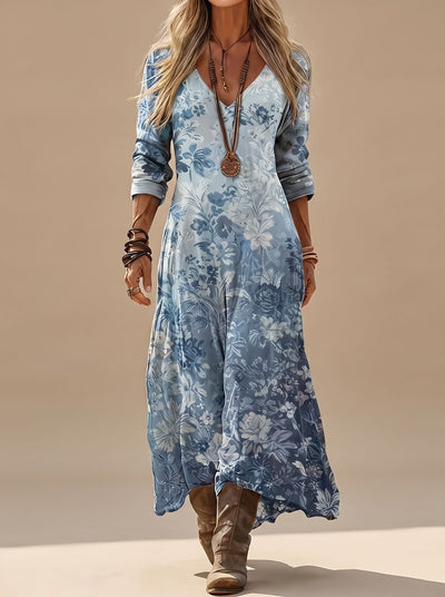 Hannah | Dames boho maxi-jurk met vintage bloemendessin en v-hals