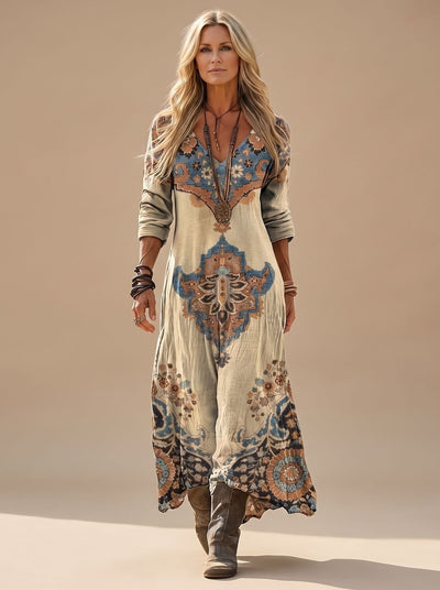 Charlotte | Dames boho maxi-jurk met lange mouwen, v-hals en vintage folkloreprint