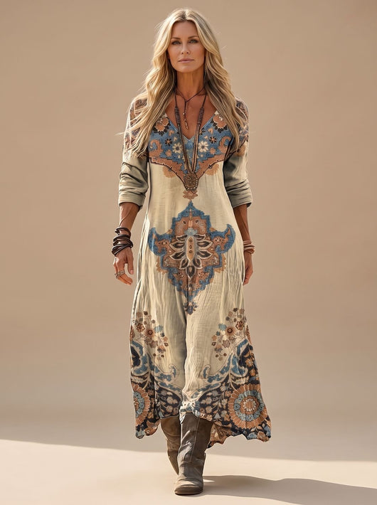Charlotte | Dames boho maxi-jurk met lange mouwen, v-hals en vintage folkloreprint