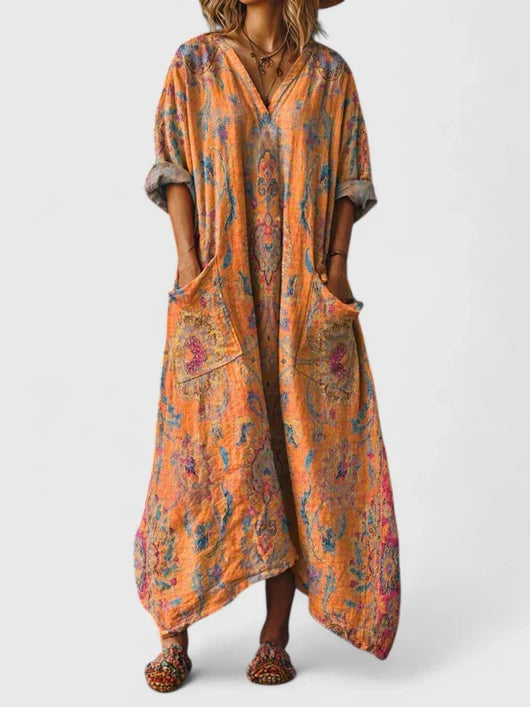 Annika | Dames boho maxijurk met paisleymotief en zakken