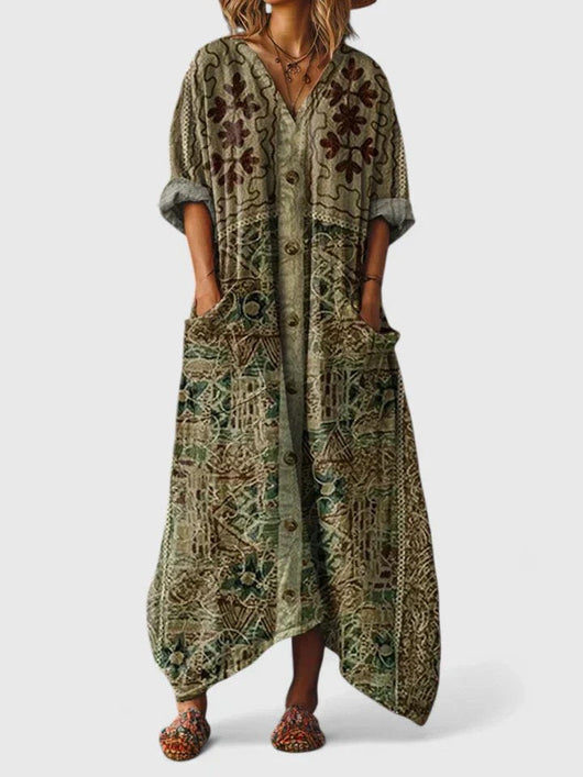 Annika | Dames boho maxijurk met paisleymotief en zakken
