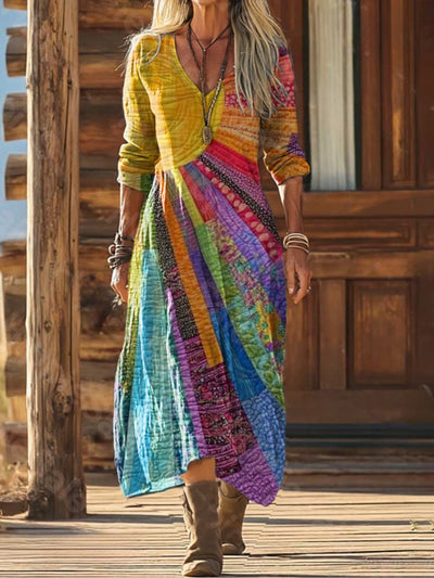 Marie | Dames boho midijurk met patchworkdessin, V-hals en lange mouwen