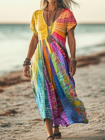 Marie | Dames boho midijurk met patchworkdessin, V-hals en lange mouwen