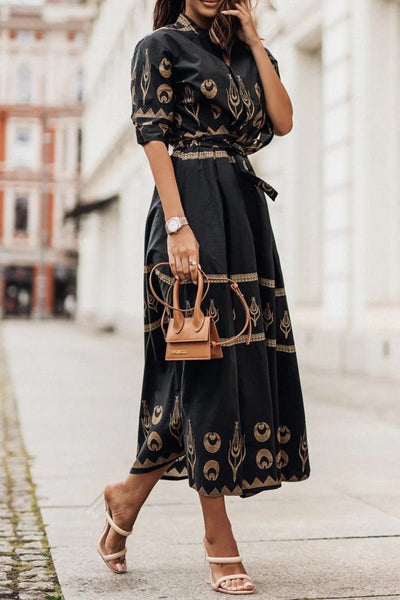 Hannah | Dames midi-jurk met boho-print, ceintuur en driekwartmouwen