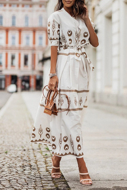 Hannah | Dames midi-jurk met boho-print, ceintuur en driekwartmouwen