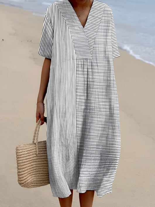 Leonie | Dames boho midi zomerjurk met V-hals en korte mouwen