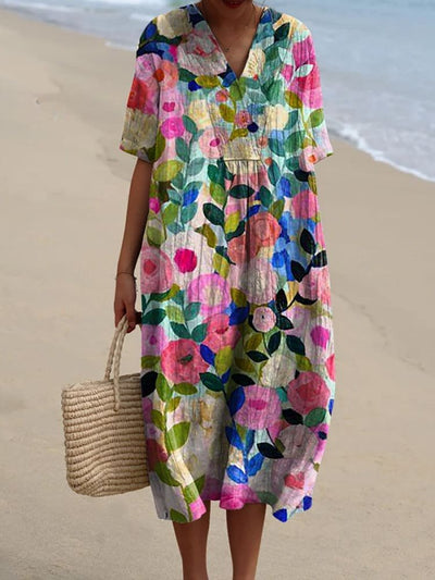 Leonie | Dames boho midi zomerjurk met V-hals en korte mouwen