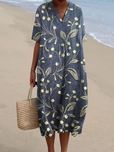 Leonie | Dames boho midi zomerjurk met V-hals en korte mouwen