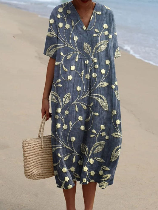 Leonie | Dames boho midi zomerjurk met V-hals en korte mouwen