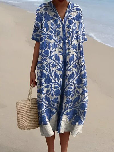 Leonie | Dames boho midi zomerjurk met V-hals en korte mouwen