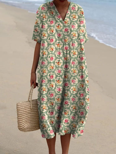 Leonie | Dames boho midi zomerjurk met V-hals en korte mouwen