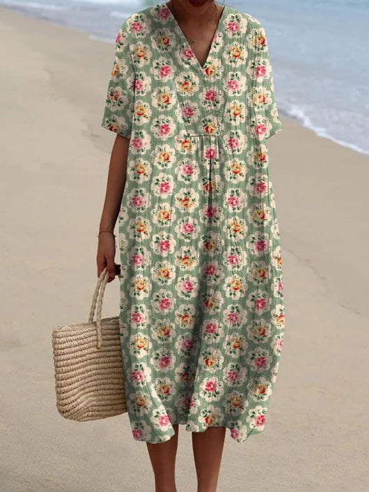 Leonie | Dames boho midi zomerjurk met V-hals en korte mouwen