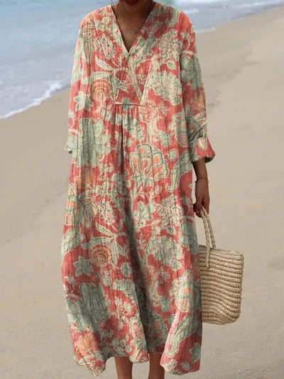 Leonie | Dames boho midi zomerjurk met V-hals en korte mouwen