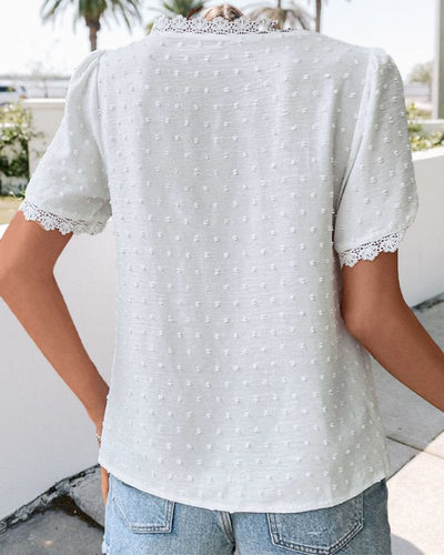 Marie | Dames boho blouse met V-hals, kant en stippenstructuur