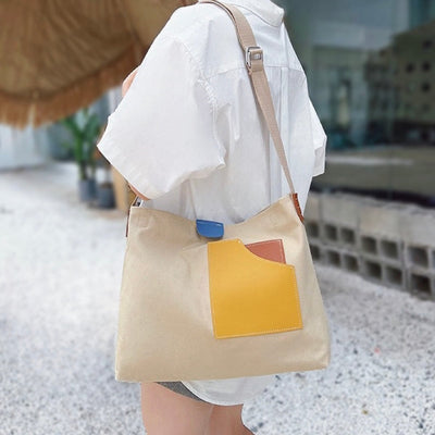 Emilia | Dames canvas shopper met colourblockdessin en PU-lederdetails
