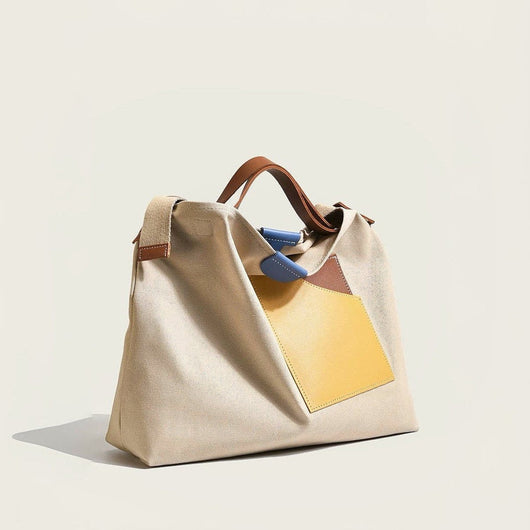 Emilia | Dames canvas shopper met colourblockdessin en PU-lederdetails