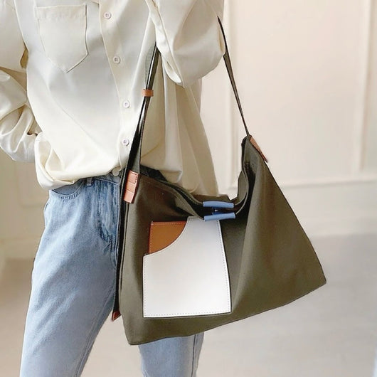 Emilia | Dames canvas shopper met colourblockdessin en PU-lederdetails