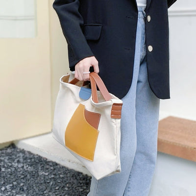 Emilia | Dames canvas shopper met colourblockdessin en PU-lederdetails