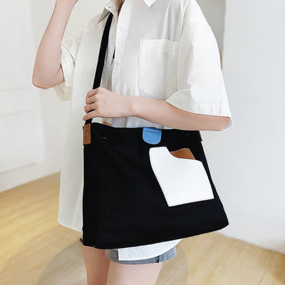 Emilia | Dames canvas shopper met colourblockdessin en PU-lederdetails