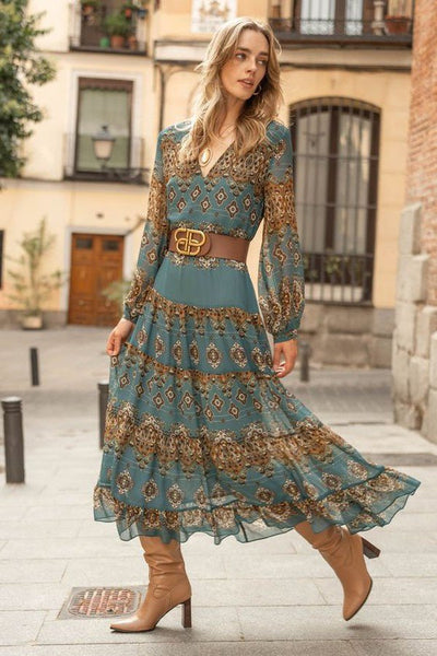 Mia | Dames gelaagde chiffon bohojurk met medaillonprint en pofmouwen