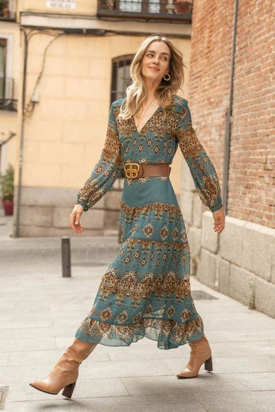 Mia | Dames gelaagde chiffon bohojurk met medaillonprint en pofmouwen