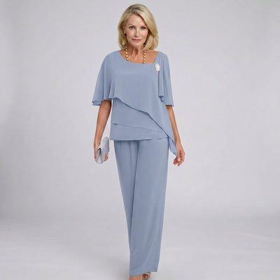 Marlene | Dames chiffon tweedelige set met capemouwen en wijde broek