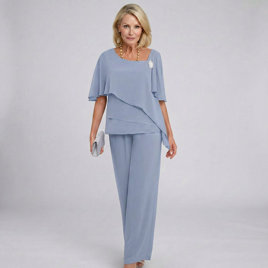 Marlene | Dames chiffon tweedelige set met capemouwen en wijde broek