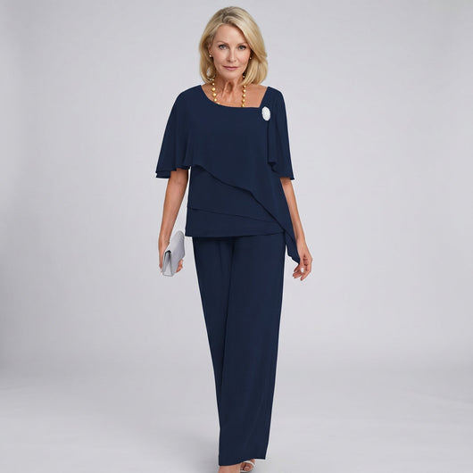 Marlene | Dames chiffon tweedelige set met capemouwen en wijde broek