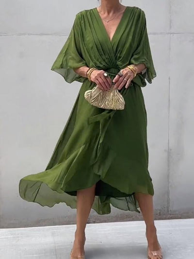 Sophie | Dames chiffon cocktailjurk met V-hals, ceintuur en midilengte