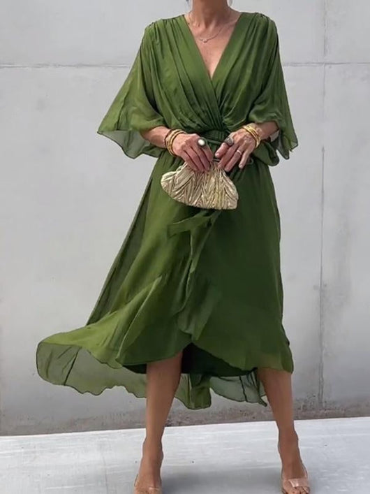 Sophie | Dames chiffon cocktailjurk met V-hals, ceintuur en midilengte