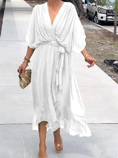 Sophie | Dames chiffon cocktailjurk met V-hals, ceintuur en midilengte