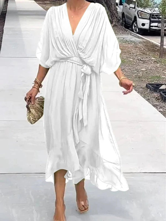 Sophie | Dames chiffon cocktailjurk met V-hals, ceintuur en midilengte