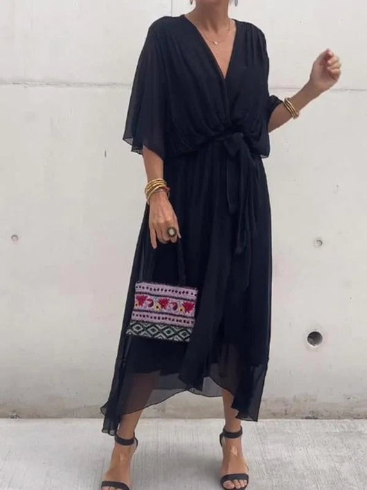 Sophie | Dames chiffon cocktailjurk met V-hals, ceintuur en midilengte