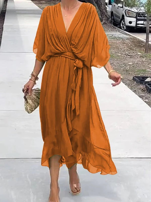 Sophie | Dames chiffon cocktailjurk met V-hals, ceintuur en midilengte