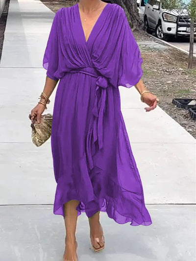 Sophie | Dames chiffon cocktailjurk met V-hals, ceintuur en midilengte