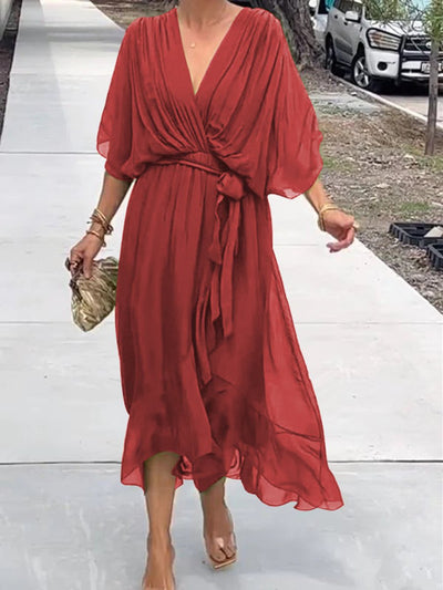 Sophie | Dames chiffon cocktailjurk met V-hals, ceintuur en midilengte