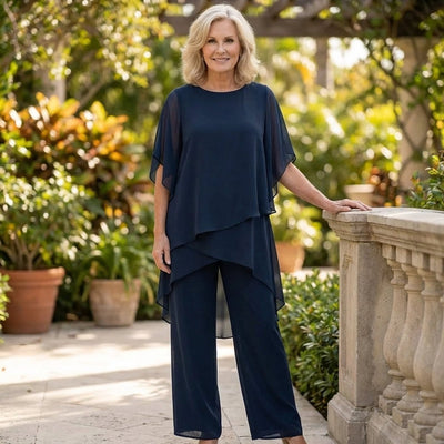 Annika | Gelaagde dames chiffonset met wijde top en elegante broek
