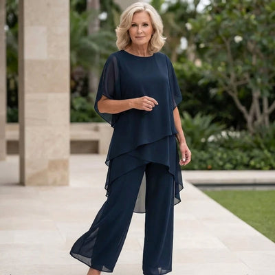 Annika | Gelaagde dames chiffonset met wijde top en elegante broek