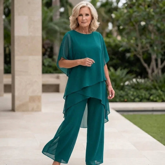 Annika | Gelaagde dames chiffonset met wijde top en elegante broek