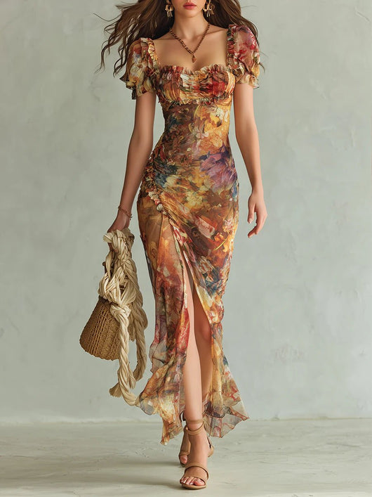Frieda | Dames chiffon maxijurk met bloemenmotief, sweetheart-hals en ruches