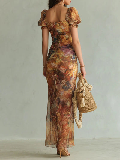 Frieda | Dames chiffon maxijurk met bloemenmotief, sweetheart-hals en ruches
