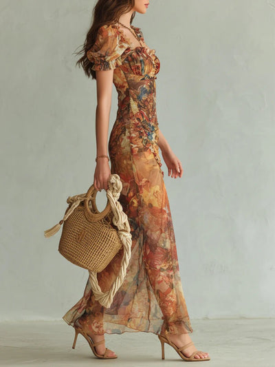 Frieda | Dames chiffon maxijurk met bloemenmotief, sweetheart-hals en ruches