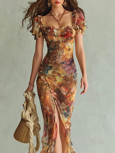 Frieda | Dames chiffon maxijurk met bloemenmotief, sweetheart-hals en ruches