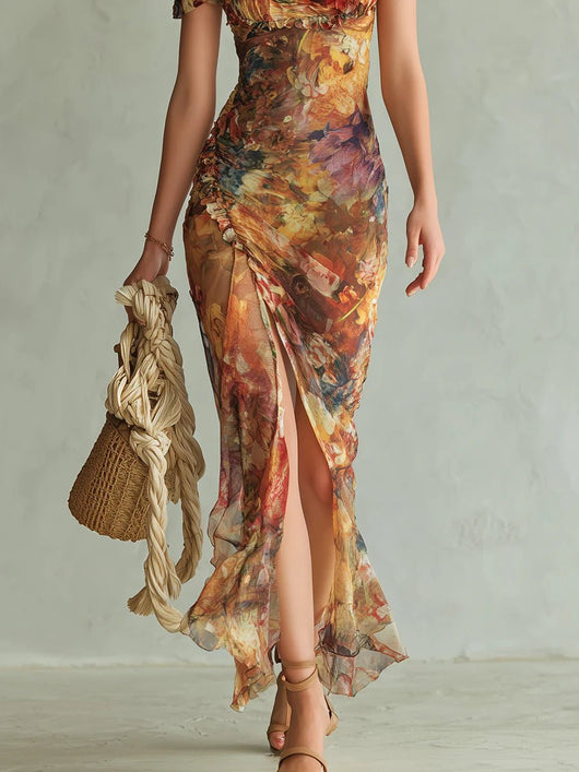 Frieda | Dames chiffon maxijurk met bloemenmotief, sweetheart-hals en ruches