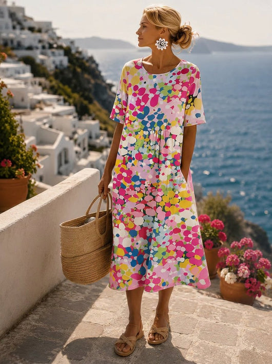 Elfriede | Kleurrijke dames midi zomerjurk met bloemendessin en korte mouwen