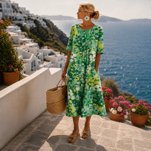 Elfriede | Kleurrijke dames midi zomerjurk met bloemendessin en korte mouwen
