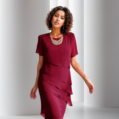 Emilia | Dames cocktailjurk van gelaagd chiffon met korte mouwen