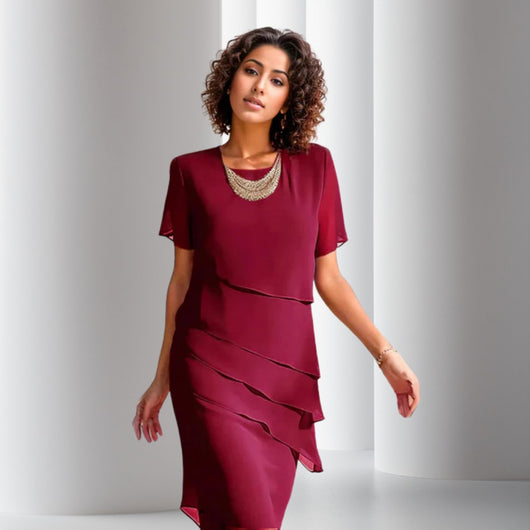 Emilia | Dames cocktailjurk van gelaagd chiffon met korte mouwen