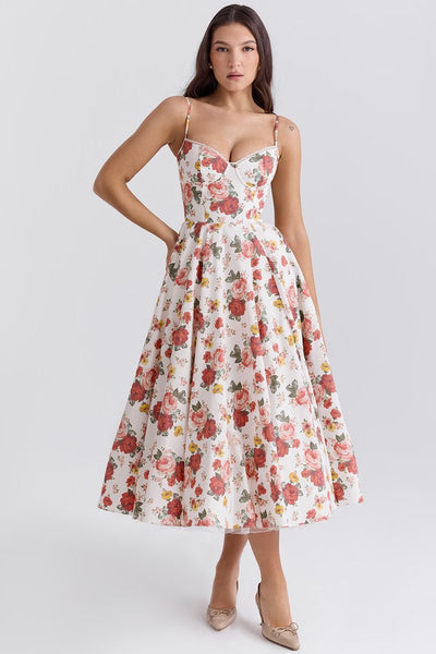 Annika | Dames cocktailjurk met zwierige midirok en verstelbare bandjes